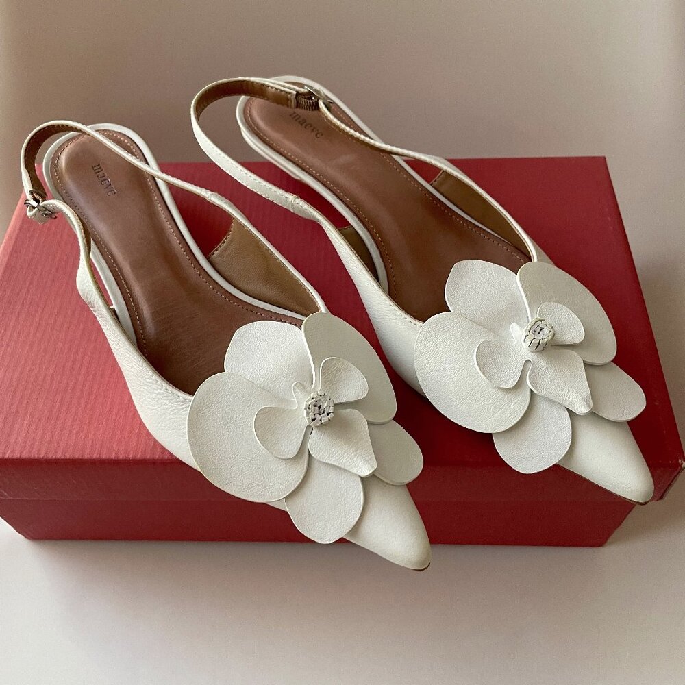 NIB Maeve Floral Slingback Heels Anthropologie Kitten Heel Sandals in White 37 - Picture 5 of 10